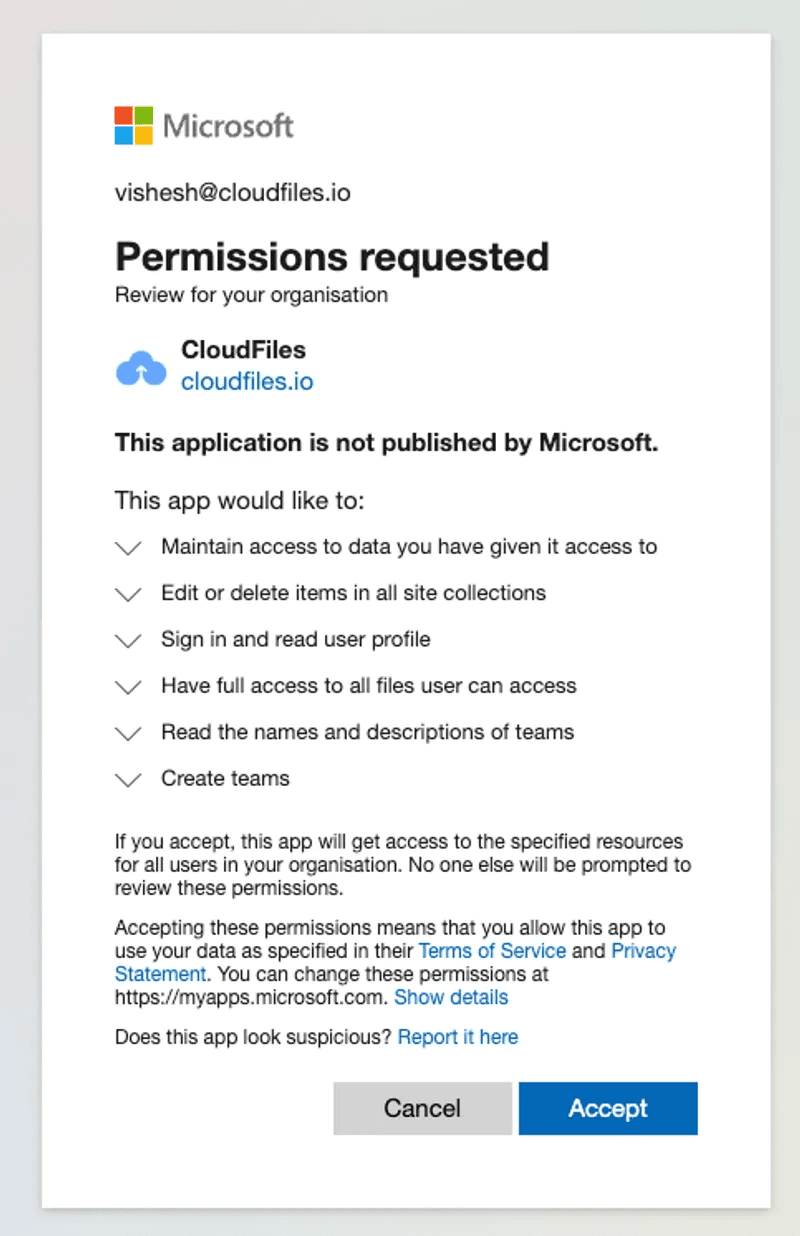 What accesses does CloudFiles need in SharePoint