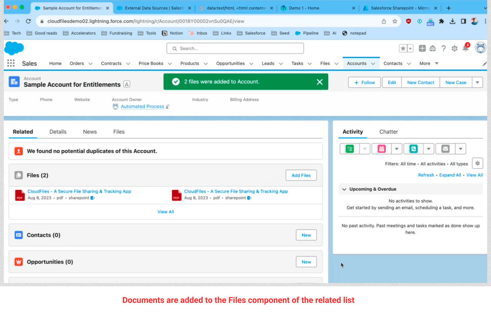 Documents are added to the Files component of the related list